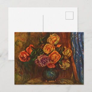 Carte Postale Renoir Impressionniste Roses dans un vase sarcelle