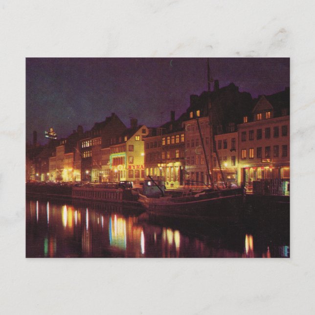 Carte Postale Réplique Danemark Vintage, Copenhague la nuit (Devant)