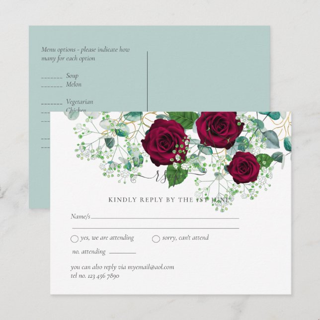 Carte Postale Réponse au mariage Burgundy Rose Sage Eucalyptus (Devant / Derrière)