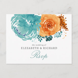 Carte Postale Réponse de mariage automnal floral sarcelle orange