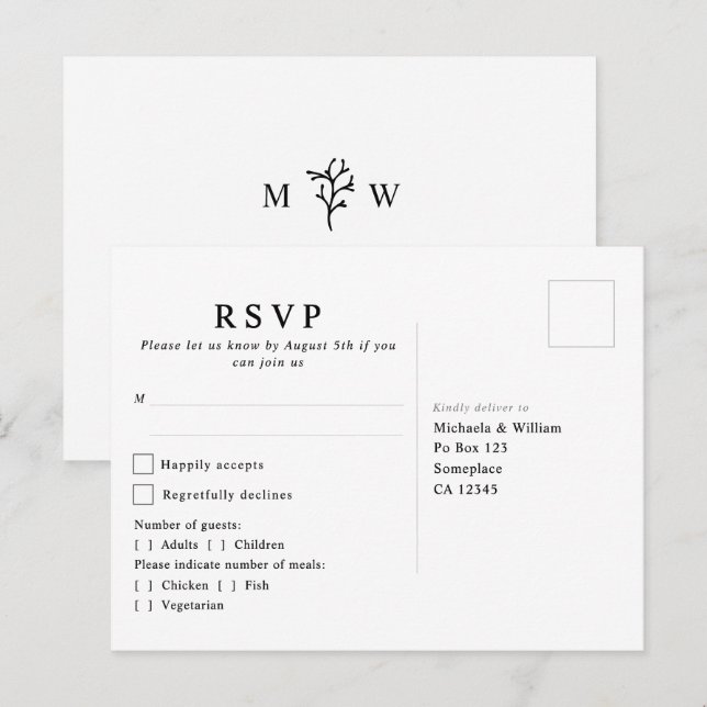 Carte Postale Réponse de mariage avec monogramme botanique moder (Devant / Derrière)