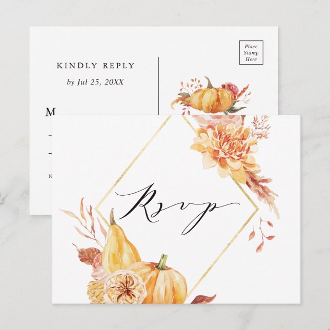 Carte Postale Réponse de mariage de citrouille florale d'automne (Devant / Derrière)