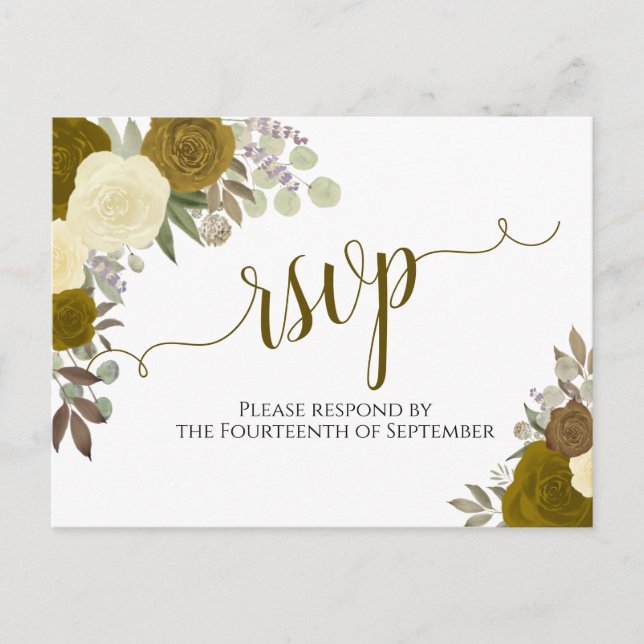 Carte Postale Réponse de mariage Roses aquarelle or élégant (Devant)