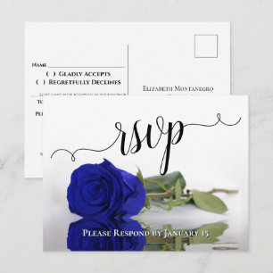Carte Postale Réponse de Mariage Royale Bleue Élégante avec Rose