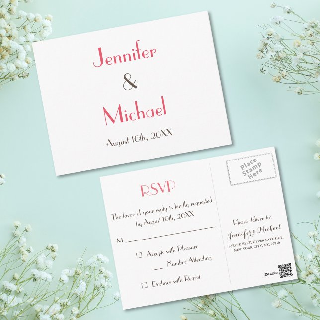 Carte Postale Réponse RSVP de mariage élégante, moderne et blanc (Simple Modern Elegant White Wedding Response RSVP Postcard)