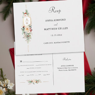 Carte Postale Réponse Simple Élégant Noël Floral Monogramme
