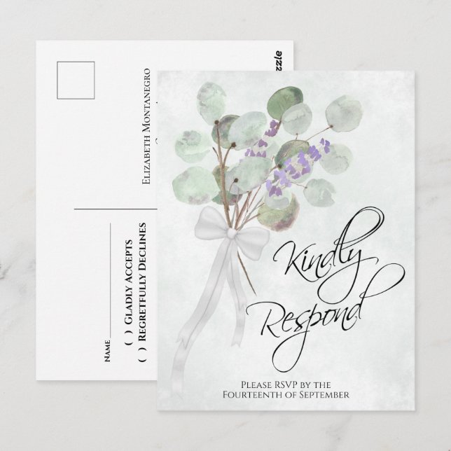 Carte Postale Réponse souhaitée pour le mariage Lavande Eucalypt (Devant / Derrière)