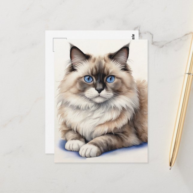 Carte Postale Repos Ragdoll Chat Illustration Cosy Animaux (Devant/Arrière en situation)