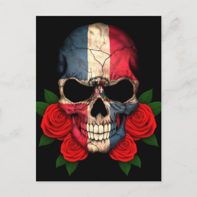 Carte Postale République Dominicaine Drapeau crâne avec des rose (Devant)