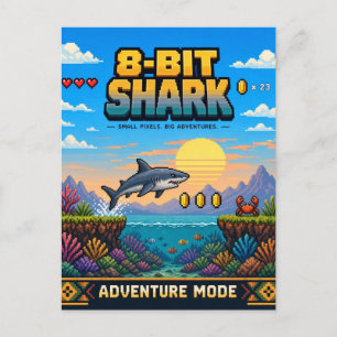 Carte Postale Requin, Rétro Pixel Art 8-Bit