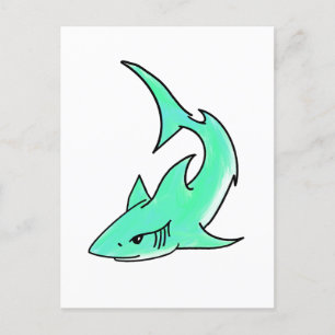 Carte Postale requin souriant de dessin animé bleu vert océan an