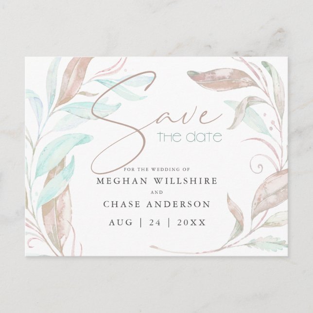 Carte Postale RÉSERVEZ LA DATE | Pastel Coral Aqua Feuilles (Devant)