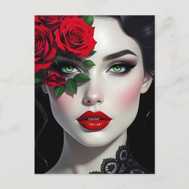 Carte Postale Rester en contact | Belle Femme avec Rose Rouge (Devant)