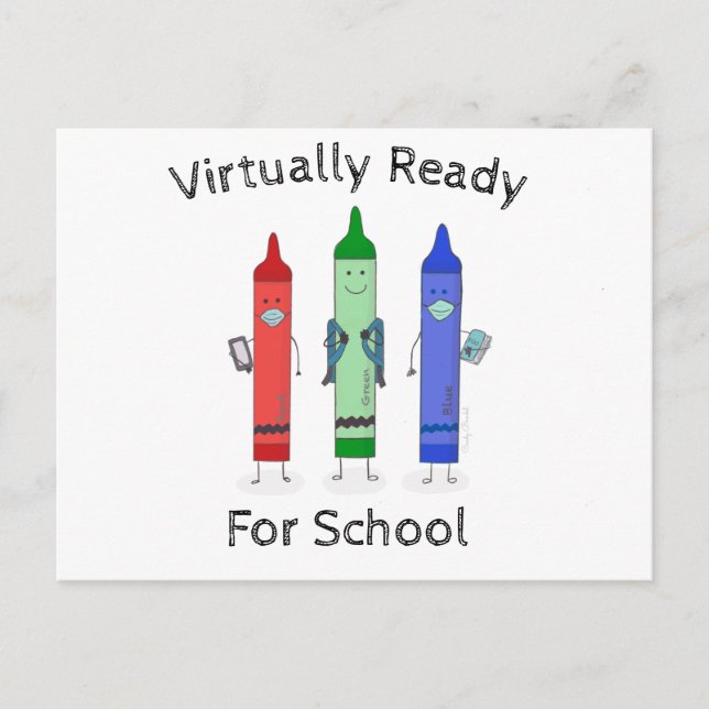 Carte Postale Retour À L'École Crayons Portant Des Masques (Devant)