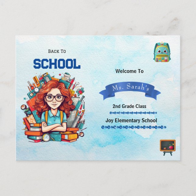 Carte Postale Retour à l'école Teacher bleu aquarelle personnali (Devant)