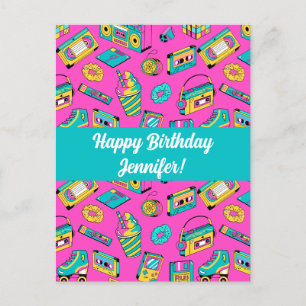 Carte Postale Retro 1980 Neon Pink Bright Motif Vintage Tech