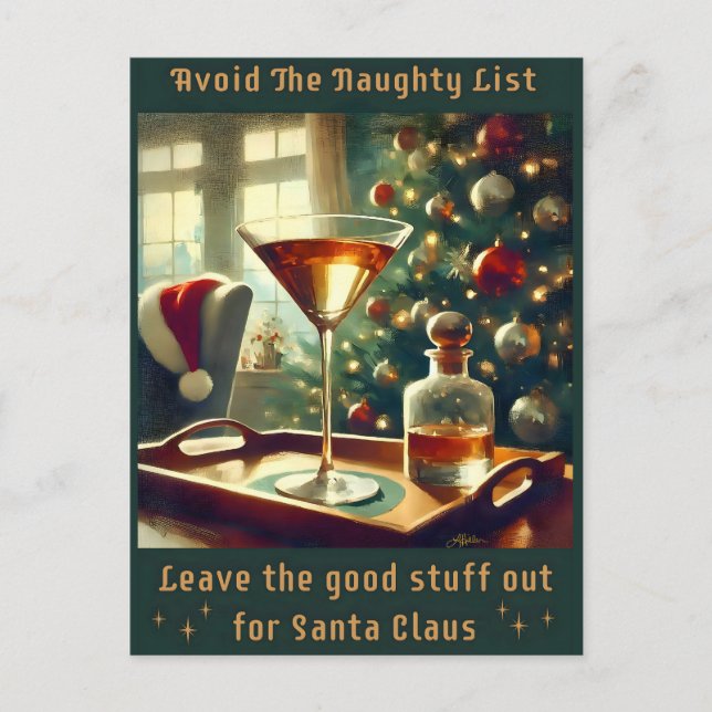 Carte Postale Retro 50s Avoid The Naughty List Christmas Martini (Devant)