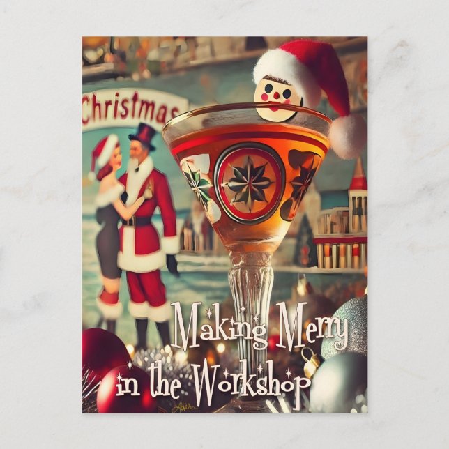 Carte Postale Retro 50s Cocktail Making Merry Christmas Workshop (Devant)