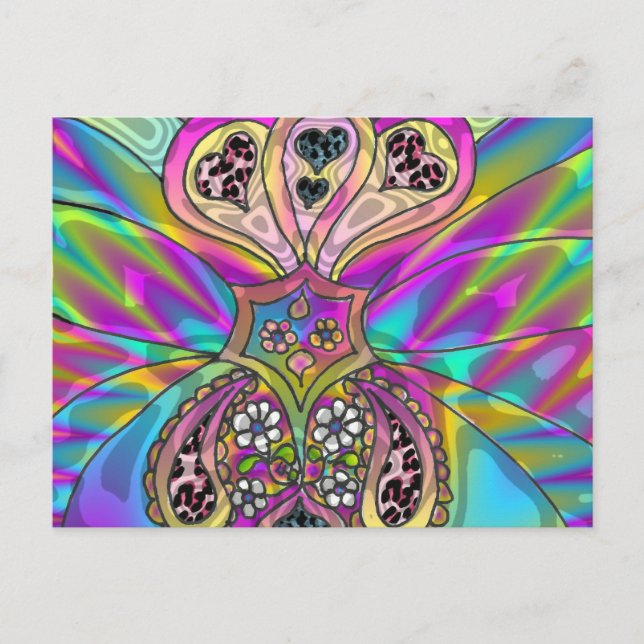 Carte Postale Retro 60s Coeurs psychédéliques Fleurs Cadeaux Vêt (Devant)
