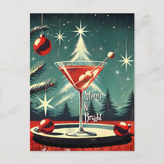 Carte Postale Retro années 50 Flurry de neige Martini au sapin d (Devant)