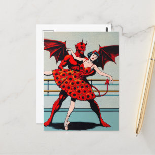Carte Postale Retro Art Devil Avec ballerine dans une robe de co
