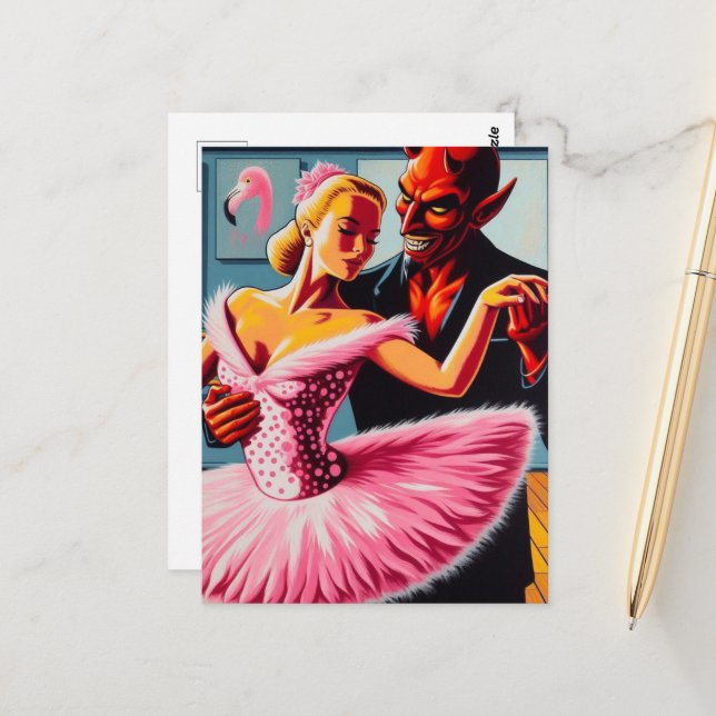 Carte Postale Retro Art Devil Avec Danseuse Flamant rose (Devant/Arrière en situation)