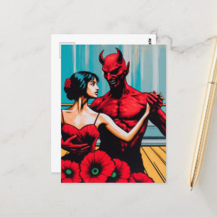 Carte Postale Retro Art Devil avec la danseuse dans une robe Red