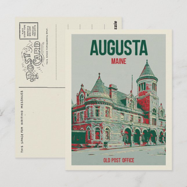 Carte Postale Retro Augusta Maine, ancien bureau de poste (Devant / Derrière)