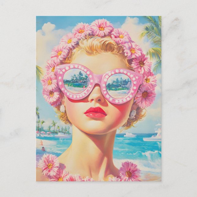 Carte Postale Retro Beach Girl avec lunettes de soleil florales (Devant)