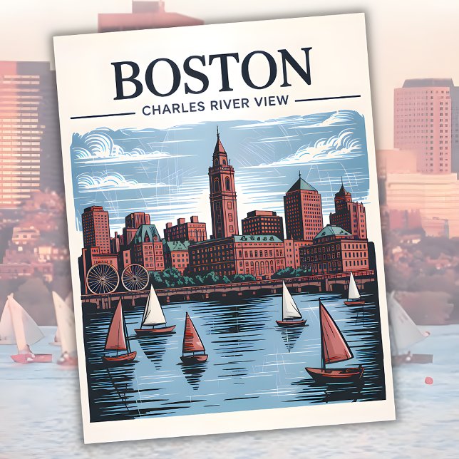Carte Postale Retro Boston Sailboat Massachusetts Skyline Travel (Retro Boston Sailboat Massachusetts Skyline Travel Postcard)