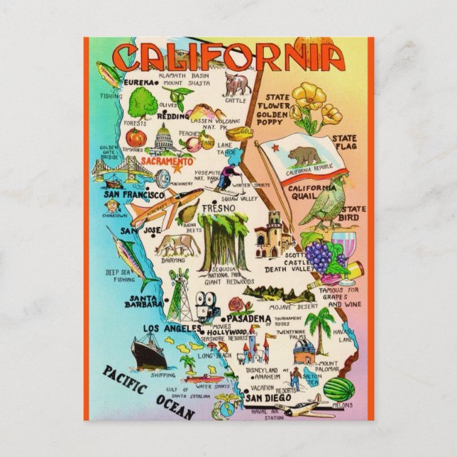 Carte Postale Retro California Map Postcard (Devant)