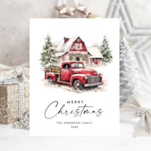 Carte Postale Retro Camion de la ferme rouge vacances de Noël