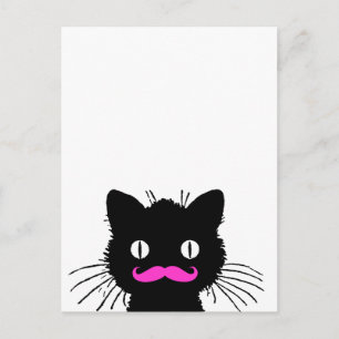 CARTE POSTALE RETRO CHAT NOIR FUNNY ROSE MUSTACHE