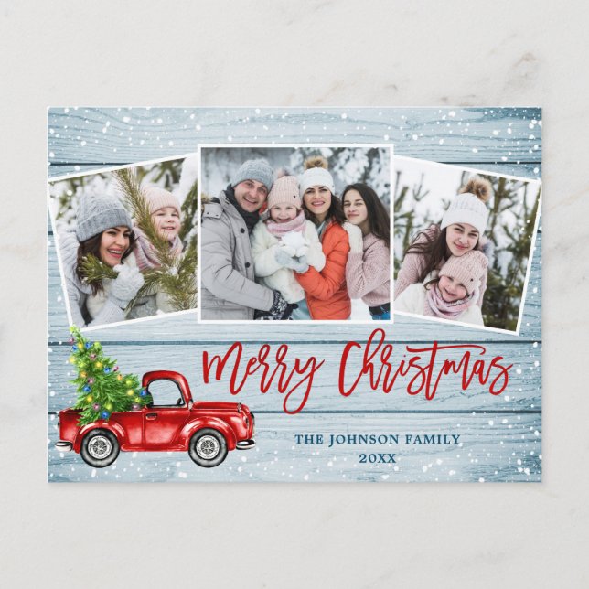 Carte Postale Retro Christmas Red Truck 3 PHOTO Salutation Holid (Devant)