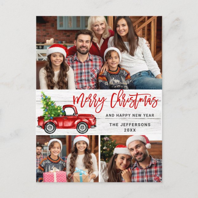 Carte Postale Retro Christmas Red Truck Rustic 3 PHOTO Salutatio (Devant)