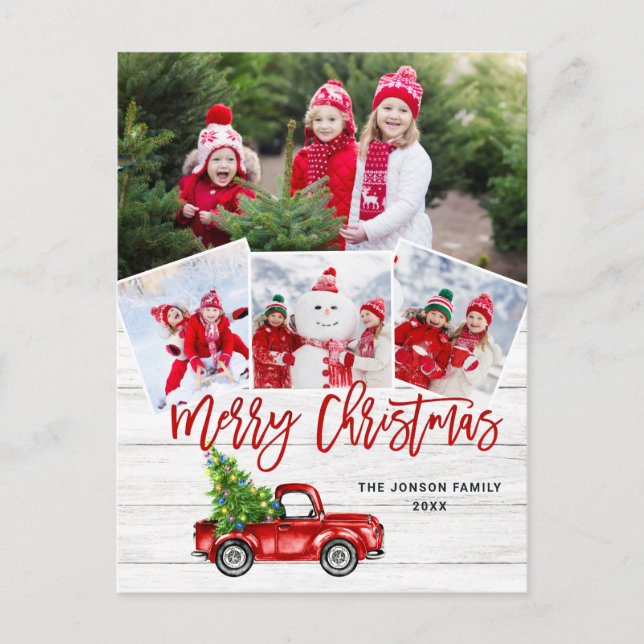 Carte Postale Retro Christmas Red Truck Rustic 4 PHOTO Salutatio (Devant)