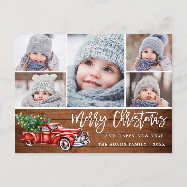 Carte Postale Retro Christmas Red Truck Rustic 5 PHOTO Salutatio (Devant)