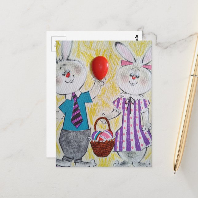 Carte Postale Retro Easter Bunnies (Devant/Arrière en situation)
