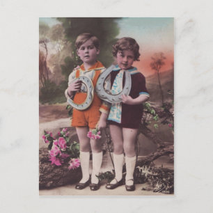 Carte Postale Retro Enfants avec bonne chance Chaussures Cheval