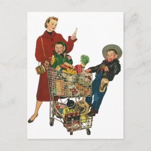 Carte Postale Retro Famille, Maman et Enfants, Panier