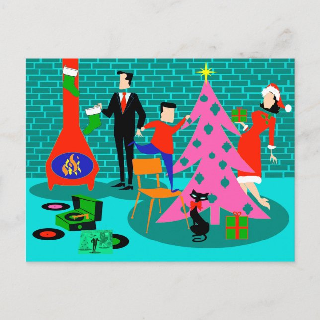 Carte postale Retro Family Trimming Christmas Tree (Devant)