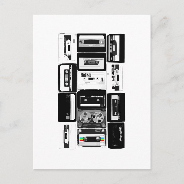 Carte Postale Rétro. groupe de cassettes audio b&w (Devant)