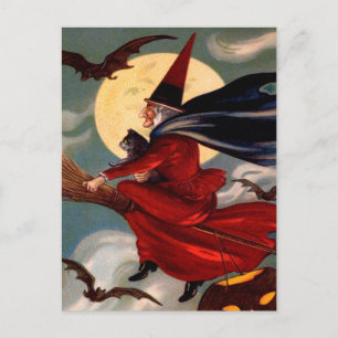 Carte postale Retro Halloween Broom Witch