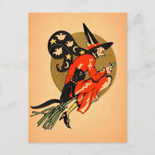Carte postale Retro Halloween Broom Witch