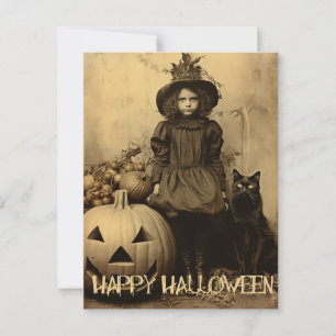 Carte Postale Retro Halloween fille déplaisante avec chat noir