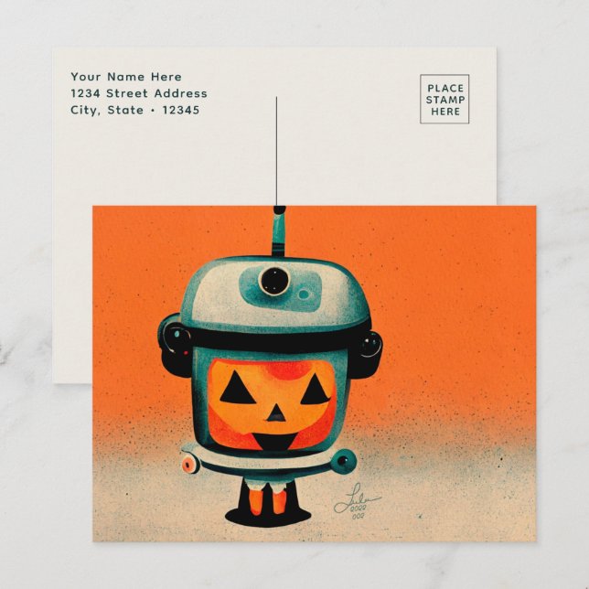 Carte Postale Retro Halloween Robot 002 ・ Cute Custom Kids Art (Devant / Derrière)