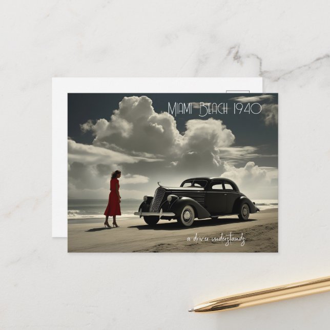 Carte Postale Retro Miami Beach années 1940 sur la plage (Devant/Arrière en situation)