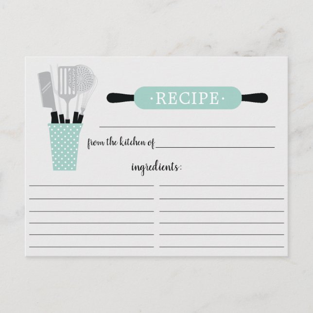 Carte Postale Retro Mint Rolling Pin Kitchen Tools Recipe Card (Devant)