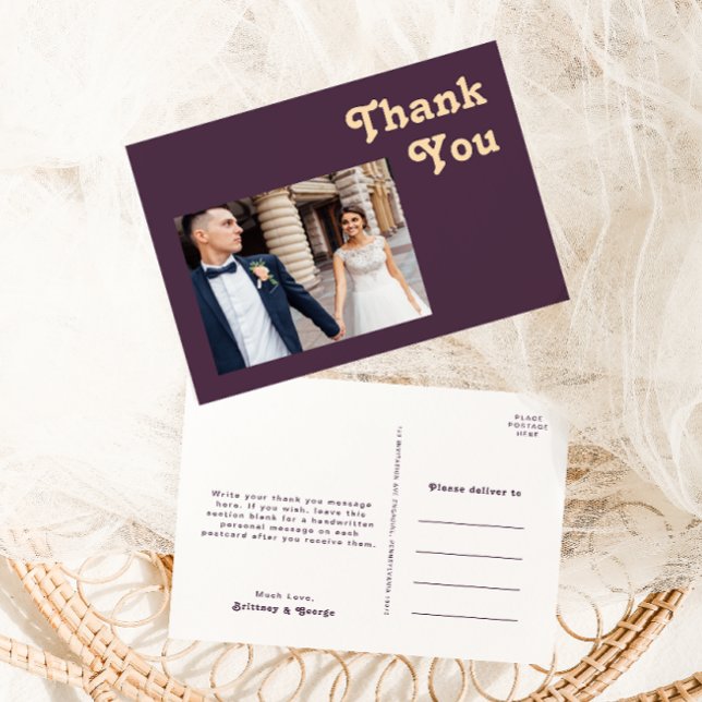 Carte Postale Rétro moderne | Mariage photo violet foncé Merci (Créateur téléchargé)