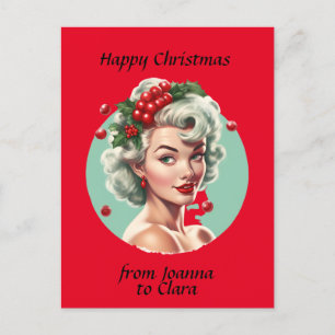 Carte Postale Retro Noël 1950 pin-up fille - baies sèches